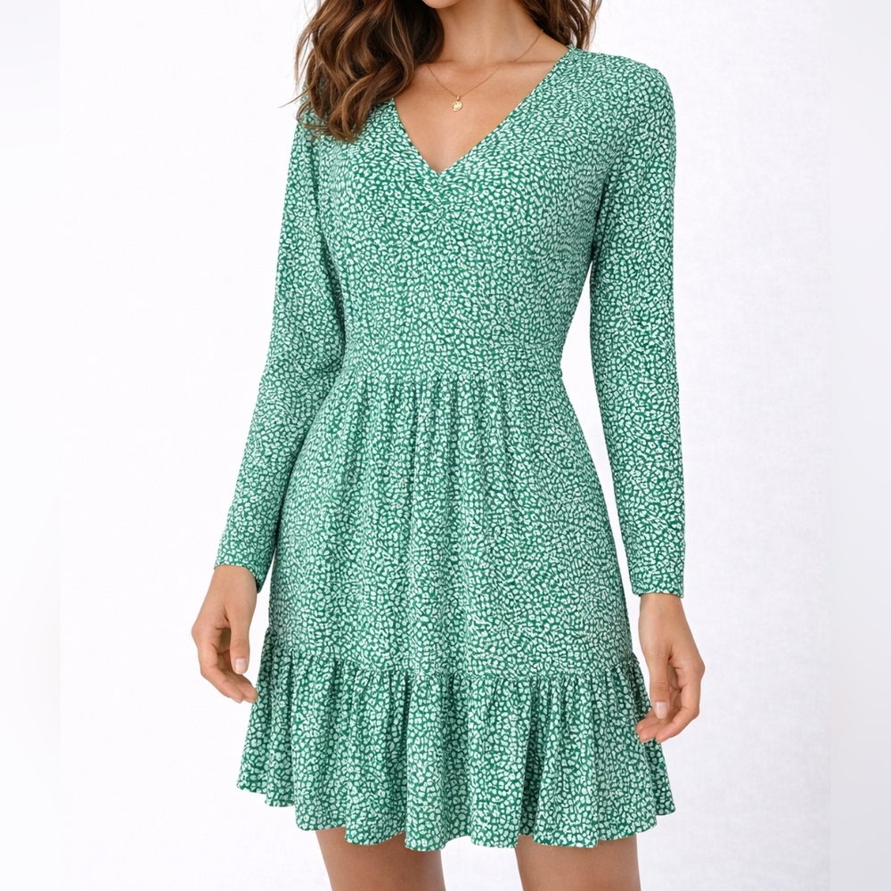 Michael Kors Green Printed Dress XS | Elegant Flowy Mini Ruffle
